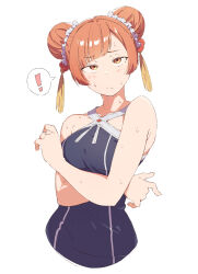 ! 1girl bare_shoulders black_dress breasts closed_mouth commentary double_bun dress eitopondo hair_bun highres laufen_(sousou_no_frieren) looking_at_viewer medium_breasts orange_eyes orange_hair simple_background sleeveless solo sousou_no_frieren spoken_exclamation_mark sweat upper_body white_background
