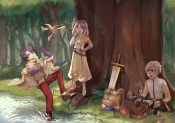 Rule 34 | 1girl, 2boys, acolyte (ragnarok online), armored boots, backpack, bag, beetle, black hairband, boots, brown bag, brown cape, brown capelet, brown dress, brown eyes, brown footwear, brown gloves, brown shirt, bug, buubuu (loli69), cape, capelet, cassock, chest guard, chinese commentary, coco (ragnarok online), commentary request, day, dress, falling, forest, full body, gloves, green eyes, hairband, herb, horn (ragnarok online), in-universe location, insect, long sleeves, looking at another, mage (ragnarok online), medium hair, mole, mole on cheek, multiple boys, nature, open mouth, outdoors, pants, purple hair, ragnarok online, red eyes, red pants, river, shirt, short hair, smile, squirrel, standing, sword, swordsman (ragnarok online), tree, water, weapon, white hair