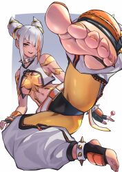 1girl absurdres ap_cammy bare_shoulders breasts candy commentary_request diagonal_bangs feet food foot_focus full_body hair_horns han_juri highres holding holding_candy holding_food holding_lollipop lollipop medium_breasts multicolored_hair official_alternate_color orange_hair revealing_clothes simple_background solo street_fighter two-tone_hair vest white_background white_hair white_vest