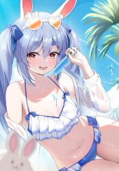 1girl absurdres animal_ears bikini blue_hair blue_nails blush breasts commentary_request eyewear_on_head food frilled_bikini frills highres holding holding_food holding_popsicle hololive long_hair looking_at_viewer nail_polish navel night_known open_mouth outdoors popsicle rabbit_ears rabbit_girl revision small_breasts solo sunglasses swimsuit usada_pekora virtual_youtuber
