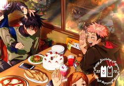2girls 3boys :d absurdres anger_vein birthday_cake black_hair black_jacket black_pants black_shirt blindfold blush brown_eyes brown_hair burger cake cellphone closed_mouth covered_eyes cowboy_shot cup dated different_reflection facial_mark food fork furiwo fushiguro_megumi fushiguro_tsumiki gojou_satoru green_eyes green_sweater hand_up happy_birthday highres holding holding_fork hood hood_down indoors itadori_yuuji jacket jujutsu_kaisen kugisaki_nobara long_sleeves looking_at_viewer margherita_pizza multiple_boys multiple_girls open_mouth pants phone pink_hair pizza plate reflection round_eyewear salad shirt short_hair sitting sleeves_past_wrists smile spiked_hair sunglasses sweater swept_bangs table undercut white_hair