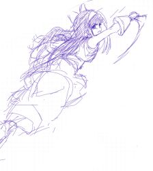 Rule 34 | 1girl, arm up, ass, attack, breasts, dargain x, fingerless gloves, gloves, hair ribbon, highres, legs, long hair, looking at viewer, medium breasts, monochrome, nakoruru, pants, ribbon, samurai spirits, serious, sideboob, sketch, snk, solo, the king of fighters, thighs, weapon
