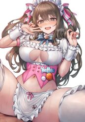 1boy 1girl apron bow bowtie breasts brown_eyes brown_hair cleavage cleavage_cutout clothing_cutout crop_top frilled_shirt frills girls&#039;_frontline girls&#039;_frontline_2:_exilium hair_bow hands_up heavy_breathing implied_sex k2_(girls&#039;_frontline) large_breasts long_hair looking_at_viewer maid_apron maid_headdress navel no_pants official_alternate_costume open_mouth shirt short_sleeves smile snm_(sunimi) solo_focus spread_legs stomach sweat thighhighs thighs two_side_up underbust waist_apron white_shirt white_thighhighs wrist_cuffs yoohee_(girls&#039;_frontline_2) yoohee_(miracle_sweetheart)_(girls&#039;_frontline_2)