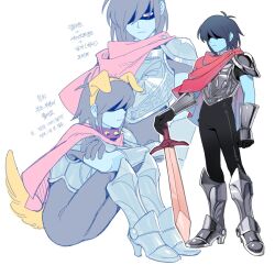 Rule 34 | 1other, :|, animal ear hairband, animal ears, armor, black bodysuit, black hair, blue skin, bodysuit, bodysuit under clothes, breastplate, cape, closed mouth, collar, colored skin, deltarune, dog tail, expressionless, fake animal ears, full body, greaves, hairband, hand on hilt, highres, holding, holding sword, holding weapon, knees up, korean text, kris (dark world) (deltarune), kris (deltarune), multiple views, other focus, pauldrons, pink cape, red eyes, shaded face, short hair, shoulder armor, simple background, sitting, spiked collar, spikes, standing, sword, tail, translation request, ttudolee, vambraces, weapon, white background