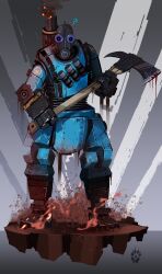 Rule 34 | absurdres, armor, artist logo, axe, blood, bloody weapon, blu pyro (tf2), blue armor, blue eyes, commentary, dirt, electricity, embers, english commentary, explosive, facing viewer, fire, gas mask, glowing, glowing eyes, gradient background, grenade, grey background, highres, holding, holding axe, humanoid robot, insignia, joints, logo, looking at viewer, mask, pyro (tf2), rivets, robot, robot joints, scratched paint, scratches, smoke, smokestack, team fortress 2, weapon, wolfdawg art