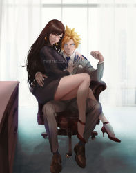 1boy 1girl black_hair blonde_hair blue_eyes breasts chair cloud_strife couple earrings final_fantasy final_fantasy_vii final_fantasy_vii_remake formal_clothes full_body high_heels highres jewelry large_breasts legs lips long_hair looking_at_viewer office office_chair office_lady pencil_skirt red_eyes ring salaryman sitting sitting_on_lap sitting_on_person skirt spiked_hair spykeee square_enix suit swivel_chair tifa_lockhart twitter_username