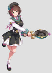 1girl belt beret black_dress black_footwear bow breasts brown_hair collared_shirt dress footwear_bow frying_pan full_body gold_buckle green_eyes hat highres holding holding_frying_pan medium_breasts mononoke_(pixiv53597254) multicolored_hair necktie open_mouth pink_bow pink_necktie pink_streaks princess_connect! shirt short_hair simple_background skirt socks solo standing standing_on_one_leg streaked_hair wakana_(princess_connect!) white_belt white_shirt white_skirt white_socks