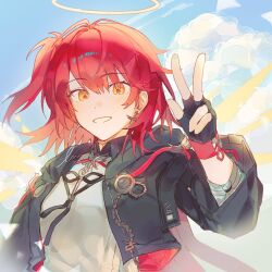 1girl :d arknights arm_up black_gloves black_jacket cloud cnsmsoup day earrings exusiai_(arknights) exusiai_the_new_covenant_(arknights) gloves grin hair_between_eyes halo jacket jewelry light_blush looking_at_viewer one_side_up open_mouth red_hair short_hair smile solo split_mouth traditional_halo upper_body w yellow_eyes yellow_halo
