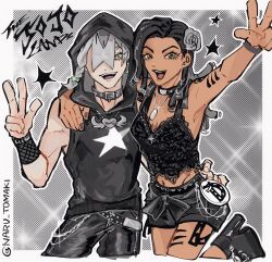 1boy 1girl adapted_costume amulet arm_tattoo ben-day_dots black_boots black_choker black_collar black_hair black_hoodie black_nails black_pants black_shorts boots braid breasts choker cleavage collar commentary crop_top dark-skinned_female dark_skin dragona_joestar dreadlocks earrings english_text flower green_eyes grey_hair hair_flower hair_ornament hair_over_one_eye heart_ornament highres hood hood_up hoodie jewelry jodio_joestar jojo_no_kimyou_na_bouken leg_tattoo long_bangs long_hair looking_at_viewer midriff multicolored_hair naru_tomaki navel necklace open_mouth pants punk rose screentones shorts side_braid single_braid sleeveless sleeveless_hoodie smile sparkle star_(symbol) star_hair_ornament star_print stomach_tattoo symbol-only_commentary tattoo the_jojolands twitter_username two-tone_hair v w wing_ornament wristband