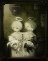 2others androgynous animal black_fur bug butterfly clock closed_mouth conjoined dress frilled_sleeves frills halo highres holding holding_animal horizontal_pupils insect lamb long_sleeves looking_at_viewer looking_to_the_side multiple_others open_mouth original other_focus page_nak1 picture_frame puffy_long_sleeves puffy_sleeves sheep short_hair wallpaper_(object) white_dress white_fur white_hair white_halo yellow_eyes