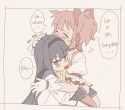 2girls akemi_homura akemi_homura_(magical_girl) arms_around_waist black_hair black_hairband blush bow dress english_text ezier flying_sweatdrops gloves hair_bow hairband hand_on_another&#039;s_head headpat highres hug kaname_madoka kaname_madoka_(magical_girl) long_hair mahou_shoujo_madoka_magica mahou_shoujo_madoka_magica_(anime) multiple_girls pink_bow pink_hair purple_eyes shirt short_twintails speech_bubble tongue tongue_out twintails white_dress white_gloves white_shirt yuri