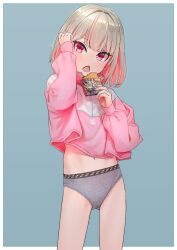 1girl blonde_hair blue_background border commentary_request food grey_panties highres jacket kanae_(nijisanji) kuzuha_(nijisanji) looking_at_viewer makaino_ririmu multicolored_hair navel nijisanji no_pants open_mouth panties pink_jacket red_eyes sabamen short_hair simple_background solo streaked_hair underwear virtual_youtuber waffle white_border