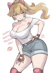 1girl absurdres blonde_hair blue_eyes bow breasts chascoby cleavage denim denim_shorts earrings fingerless_gloves gloves hair_bow highres jewelry knee_pads large_breasts long_hair mario_(series) mario_kart mario_kart_world nintendo official_alternate_costume official_alternate_hairstyle pink_bow ponytail princess_peach princess_peach_(touring) shirt shorts solo sphere_earrings white_shirt