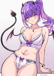 1girl absurdres black_nails blunt_bangs bracelet breasts closed_mouth colored_inner_hair commentary coubalty demon_girl demon_horns demon_tail demon_wings drill_hair drill_ponytail earrings english_commentary green_eyes hair_ornament hairclip highres hololive horns jewelry large_breasts long_hair looking_at_viewer mini_wings multicolored_hair nail_polish navel navel_piercing necklace parallel_hairclips piercing pink_hair pointy_ears purple_hair ring side_ponytail simple_background smile solo stomach streaked_hair tail tail_ornament tail_piercing thigh_gap tokoyami_towa virtual_youtuber wings