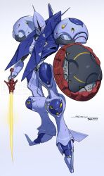 absurdres armor artist_name character_name commentary dazzur_(dazzur_system) energy_sword full_body glowing glowing_eyes grey_background gundam gyan highres holding holding_shield holding_sword holding_weapon looking_at_viewer mecha mecha_focus mobile_suit mobile_suit_gundam no_humans one-eyed pauldrons red_eyes redesign robot shield shoulder_armor simple_background solo standing sword watermark weapon