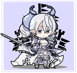 Rule 34 | 1girl, breasts, chibi, cleavage, demon girl, demon horns, demon wings, dual wielding, duel monster, earrings, full body, grey eyes, grey hair, highres, holding, horns, jewelry, lady labrynth of the silver castle, lovely labrynth of the silver castle, multiple wings, pointy ears, purple background, simple background, solo, sword, ttakuhana3103, weapon, white wings, wings, yu-gi-oh!