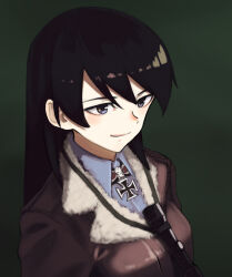 1girl adolfine_galland black_hair blue_eyes blue_shirt breasts brown_jacket collared_shirt commentary_request cross flashlight fur-trimmed_jacket fur_trim green_background hair_between_eyes iron_cross jacket lanyard leather leather_jacket long_hair medal shiratama_(hockey) shirt sidelocks smile solo strike_witches_zero upper_body world_witches_series