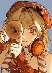 Rule 34 | 1girl, bare shoulders, beret, blue background, brown hair, closed mouth, covering one eye, dated, donut, food, hands up, hat, headphones, headphones around neck, highres, holding, holding donut, holding food, looking at viewer, official alternate costume, on (o onn), one eye covered, orange eyes, pixel text, red arm warmers, red hat, red shirt, regulus (pizza hut) (reverse:1999), regulus (reverse:1999), reverse:1999, scarf, shirt, short hair, sleeveless, sleeveless shirt, smile, solo, striped clothes, striped scarf, upper body