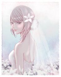 1girl alternate_costume bare_shoulders border bridal_veil closed_mouth commentary dress eyelashes flower grey_hair hair_flower hair_ornament highres kaine_(nier) medium_hair mnblanc66 nier nier_(series) solo strapless strapless_dress veil wedding_dress white_border white_dress white_flower yellow_eyes