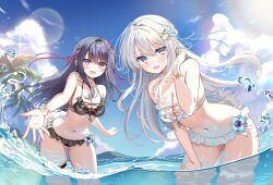 Rule 34 | bent over, bikini, bikini day, black background, black hair, blue eyes, breasts, bubble, cleavage, cloud, collarbone, commentary request, dual persona, earrings, flower, hair between eyes, hair ornament, highres, indie virtual youtuber, jewelry, lens flare, long hair, mole, mole under eye, nagino mashiro, navel, ocean, piyopoyo, purple eyes, reaching, reaching towards viewer, sky, swimsuit, white bikini, white hair