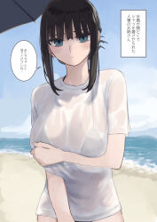1girl absurdres arm_under_breasts beach bikini bikini_under_clothes black_hair blue_eyes blush breasts day highres large_breasts long_hair looking_at_viewer original outdoors rucchiifu see-through_clothes see-through_shirt shirt solo speech_bubble swimsuit translation_request white_shirt