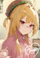 1girl absurdres ahoge beret blonde_hair blurry blurry_background blush brown_hat cat character_request copyright_request hat highres looking_at_viewer mac_star pink_shirt red_eyes shirt smile upper_body