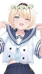 Rule 34 | 1girl, ;d, absurdres, black hairband, blonde hair, blue eyes, blue neckerchief, blue sailor collar, blue skirt, bob cut, buttons, commentary request, double-breasted, hair flaps, hairband, highres, hololive, kazama iroha, kazama iroha (school uniform), looking at viewer, mawata0618, midriff peek, neckerchief, official alternate costume, official alternate hairstyle, one eye closed, open mouth, pleated skirt, sailor collar, sailor collar lift, school uniform, shirt, short hair, short sleeves, simple background, skirt, smile, solo, straight-on, teeth, upper body, upper teeth only, virtual youtuber, white background, white shirt
