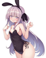 1girl animal_ears arms_up bare_shoulders black_leotard blush breasts commentary covered_navel fake_animal_ears hairband highres index_finger_raised leotard loli long_hair looking_at_viewer nipple_slip nipples original playboy_bunny pointing pointing_at_self purple_eyes purple_hair rabbit_ears ribbon side_ponytail simple_background small_breasts smile solo strapless strapless_leotard thighs white_background yako