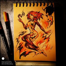 1girl ass aura barefoot black_fire body_markings bottomless breasts candra corruption dark_aura dark_ignis dark_persona electricity elemental_(creature) energy facial_mark fire fire_elemental flaming_hair floating flying ignis_(monster_girl_encyclopedia) large_breasts legs levitation monster_girl monster_girl_encyclopedia monster_girl_encyclopedia_world_guide_ii:_demon_realm_traveller&#039;s_guide navel nude orange_fire particles pointy_ears red_fire red_hair short_hair smile spirit tattoo
