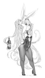 1girl absurdres ahoge animal_ears bottle breasts fake_animal_ears full_body granblue_fantasy greyscale harvin high_heels highres leotard long_hair looking_at_viewer melissabelle monochrome pantyhose playboy_bunny prehensile_hair rabbit_ears small_breasts solo very_long_hair wine_bottle yggsil