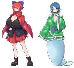 2girls animal_ears black_boots blue_bow blue_eyes blue_hair boots bow breasts cleavage commission curvy drill_hair drill_sidelocks fins frilled_kimono frills green_kimono hair_bow head_fins highres huge_breasts japanese_clothes kimono long_hair long_sleeves mermaid monster_girl multiple_girls norori obi pixiv_commission plump red_eyes red_hair red_skirt sash sekibanki short_hair sidelocks simple_background skirt smile tachi-e touhou wakasagihime white_background wide_sleeves