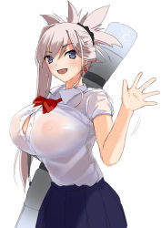 1girl breasts fate/grand_order fate_(series) gachou huge_breasts miyamoto_musashi_(fate) nipples no_bra pink_hair school_uniform see-through_clothes skirt waving wet wet_clothes