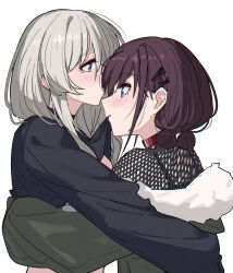 2girls black_camisole black_shirt blue_eyes blush brown_hair camisole choker clothes_in_mouth commentary fishnets girls_band_cry green_jacket grey_hair hair_ornament hairclip highres hug iseri_nina jacket kawaragi_momoka long_hair low_twintails multiple_girls open_mouth red_choker shirt short_hair short_twintails sidelocks simple_background twintails white_background yun_cao_bing yuri