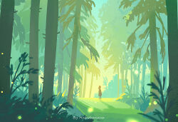 1girl artist_name forest grass green_theme huhv. light_particles nature original outdoors plant scenery shadow solo standing tree