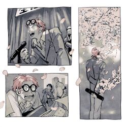 Rule 34 | 4boys, alternate universe, book, cherry blossoms, crossed arms, diploma tube, helmeppo, kalk0011, koby (one piece), male focus, monkey d. luffy, multiple boys, one piece, open mouth, petals, pink hair, roronoa zoro, round eyewear, school uniform, spring (season), talking, teeth