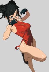 1girl :3 black_eyes black_gloves china_dress chinese_clothes double_bun double_v dress fingerless_gloves gloves hair_bun highres isshou_senkin leg_up looking_at_viewer mayagain open_mouth solo standing standing_on_one_leg toned toned_female v yuzuha_lee