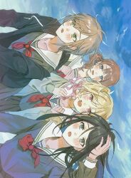 4girls :d :o ahoge black_eyes black_hair blonde_hair blue_shirt blue_sky blush brown_cardigan brown_eyes brown_hair cardigan clenched_hands collarbone collared_shirt commentary_request dot_nose gradient_hair grey_eyes hair_between_eyes hair_tie hands_up happy highres hinomori_shiho hoshino_ichika_(project_sekai) korean_commentary leo/need_(project_sekai) long_hair long_sleeves looking_at_viewer mochizuki_honami multicolored_hair multiple_girls neckerchief open_cardigan open_clothes open_mouth own_hands_together pink_hair pleated_skirt potienotforty project_sekai red_eyes red_neckerchief sailor_collar school_uniform serafuku shirt short_hair side_ponytail sidelocks sideways skirt sky smile swept_bangs teeth tenma_saki twintails upper_body upper_teeth_only white_sailor_collar