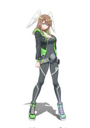 1girl black_bodysuit black_choker black_jacket blue_eyes bodysuit breasts brown_hair choker cleavage closed_mouth covered_navel eunie_(xenoblade) head_wings hehe_jun highres jacket large_breasts long_hair looking_at_viewer medium_hair open_clothes simple_background smile solo white_wings wings xenoblade_chronicles_(series) xenoblade_chronicles_3