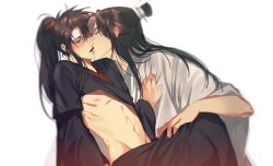 Rule 34 | 2boys, bishounen, black eyes, black hair, black hanfu, black pants, blush, chinese clothes, closed eyes, clothes grab, clothes lift, couple, french kiss, groin, hanfu, high ponytail, highres, jujeop, kiss, korean commentary, lan wangji, long hair, long sleeves, looking at another, male focus, modao zushi, multiple boys, navel, nipples, one eye closed, pants, pectorals, ponytail, robe, sidelocks, simple background, sitting, sweat, toned, toned male, tongue, tongue out, topknot, wei wuxian, white background, white hanfu, wide sleeves, xiao guan (headdress), yaoi