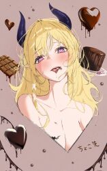 1girl blonde_hair breasts cleavage collarbone demon_horns head_tilt heart heart-shaped_pupils highres hololive horns large_breasts long_hair looking_at_viewer menomeno_draw pointy_ears solo symbol-shaped_pupils tattoo upper_body virtual_youtuber yuzuki_choco