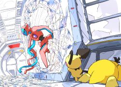 alien aomon_(yuuji7604) back behind_cover broken_glass containment_unit deoxys deoxys_(normal) door gen_1_pokemon gen_2_pokemon gen_3_pokemon glass highres indoors laboratory looking_at_another looking_to_the_side lying mythical_pokemon nintendo no_humans pichu pokemon pokemon_(creature) psyduck tail tentacles
