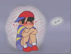 bad_tag black_hair blush child hat lovemysockhead12 mother_(series) mother_2 ness_(mother_2) nintendo red_hat shirt shota sitting striped_clothes striped_shirt super_smash_bros.
