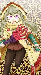 ! !! 1girl animalia_(shangri-la_frontier) black_pantyhose blonde_hair brown_dress coat curly_hair dress fake_horns fantasy female_focus fingerless_gloves gloves green_gloves hand_up hood horns long_glove long_hair looking_at_viewer open_mouth pantyhose phsalumin pink_eyes shangri-la_frontier solo tongue tusks very_long_hair yellow_coat