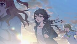 3girls backlighting black_jacket blonde_hair braid brown_hair commentary_request floating_hair fujita_kotone gakuen_idolmaster green_hair hanami_saki highres hood hooded_jacket idolmaster jacket looking_ahead multiple_girls outdoors pzmnb running sunrise tsukimura_temari twin_braids