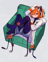 1girl a.i._voice adachi_rei armchair black_pantyhose cable chair closed_mouth full_body grey_background grey_shorts hair_ribbon highres hood hood_down hooded_jacket jacket long_sleeves looking_at_viewer medium_hair no_shoes on_chair one_side_up open_clothes open_jacket orange_eyes orange_hair pantyhose ribbon s1ho_(ukiy0u0) shorts solo utau white_jacket white_ribbon