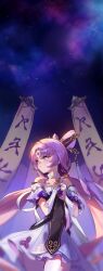 1girl absurdres banner bare_shoulders bby blush bow-shaped_hair bridal_gauntlets closed_mouth detached_sleeves dress forehead_jewel fu_xuan_(honkai:_star_rail) gloves hair_ornament hair_rings hair_stick highres honkai:_star_rail honkai_(series) jewelry long_hair low_twintails miniskirt night night_sky pantyhose parted_bangs pink_hair purple_rope rope skirt sky solo tassel tassel_hair_ornament thighs twintails very_long_hair white_gloves white_pantyhose white_skirt yellow_eyes