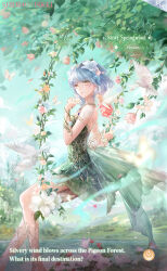 1girl artist_request bird blue_flower blue_sky bud bug butterfly castle character_name chest_jewel cloud coattails copyright_name day dove dress english_text fairy feet_out_of_frame flower forest gem gold_necklace green_dress grey_hair hair_flower hair_ornament highres hill insect jewelry lake lavender_(flower) light_particles light_smile lily_(flower) lips logo nature necklace nikki_(series) official_art on_swing orange_flower outdoors parted_lips pink_flower pink_lips pink_rose plant purple_flower purple_gemstone rose second-party_source shining_nikki short_dress short_hair_with_long_locks shoulder_tattoo single_sidelock sitting sky solo strapless strapless_dress stray_springwood_(shining_nikki) swing swinging_on_swing tattoo teeth tree vines white_flower white_rose yellow_eyes yexiao_(shining_nikki)