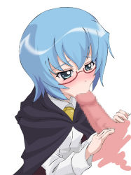 :&gt;= blouse blue_eyes blue_hair blush brooch cape censored fellatio glasses jewelry oral penis shirt simple_background tabitha_(zero_no_tsukaima) usami_usa_g zero_no_tsukaima