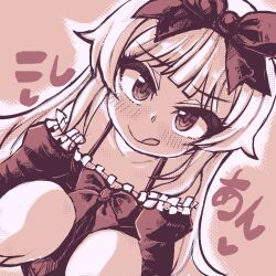 1girl 3.1-tan :q bare_legs bare_shoulders blush bow closed_mouth commentary_request dress_bow dutch_angle hair_bow heart leaning_forward long_hair long_sleeves looking_at_viewer monochrome os-tan pink_background ringed_eyes smile solo spaghetti_strap squatting tongue tongue_out torotei translation_request variant_set very_long_hair