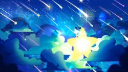1girl bare_arms bare_legs bare_shoulders barefoot blue_hair check_copyright chueog cloud commentary copyright_request dress english_commentary floating_clothes floating_hair from_behind full_body glowing highres light_particles long_hair medium_dress meteor_shower night night_sky original outstretched_arm shooting_star sky sleeveless sleeveless_dress solo standing star_(sky) star_(symbol) starry_sky train_(clothing) very_long_hair watermark white_dress wide_shot wind